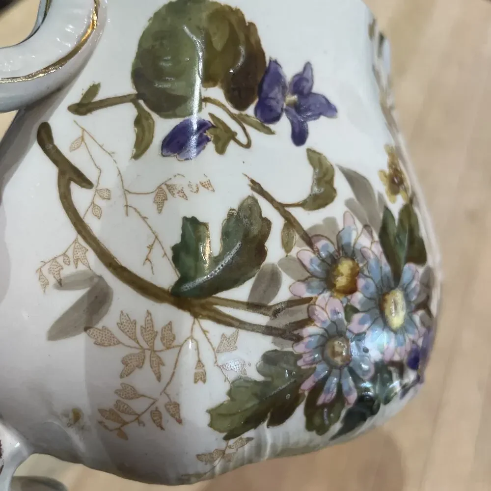Antique Hand Painted Gold Inlay Blue Pink Floral Royal Porcelain Teapot Stamped